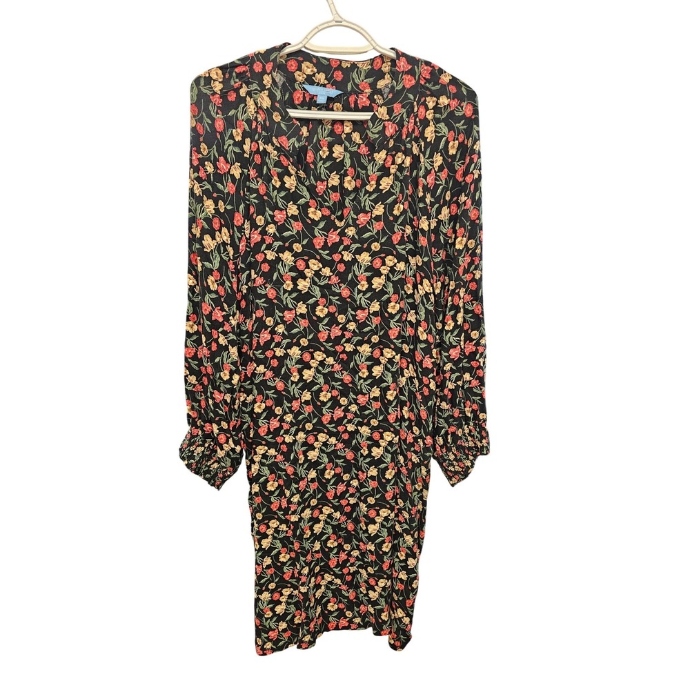 Draper‎ James RSVP Floral V-Neck Mini Dress Black Red Yellow XXL Smocked Cuff